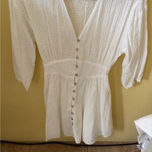 Zara White Eyelet Button-Front Peplum Tunic